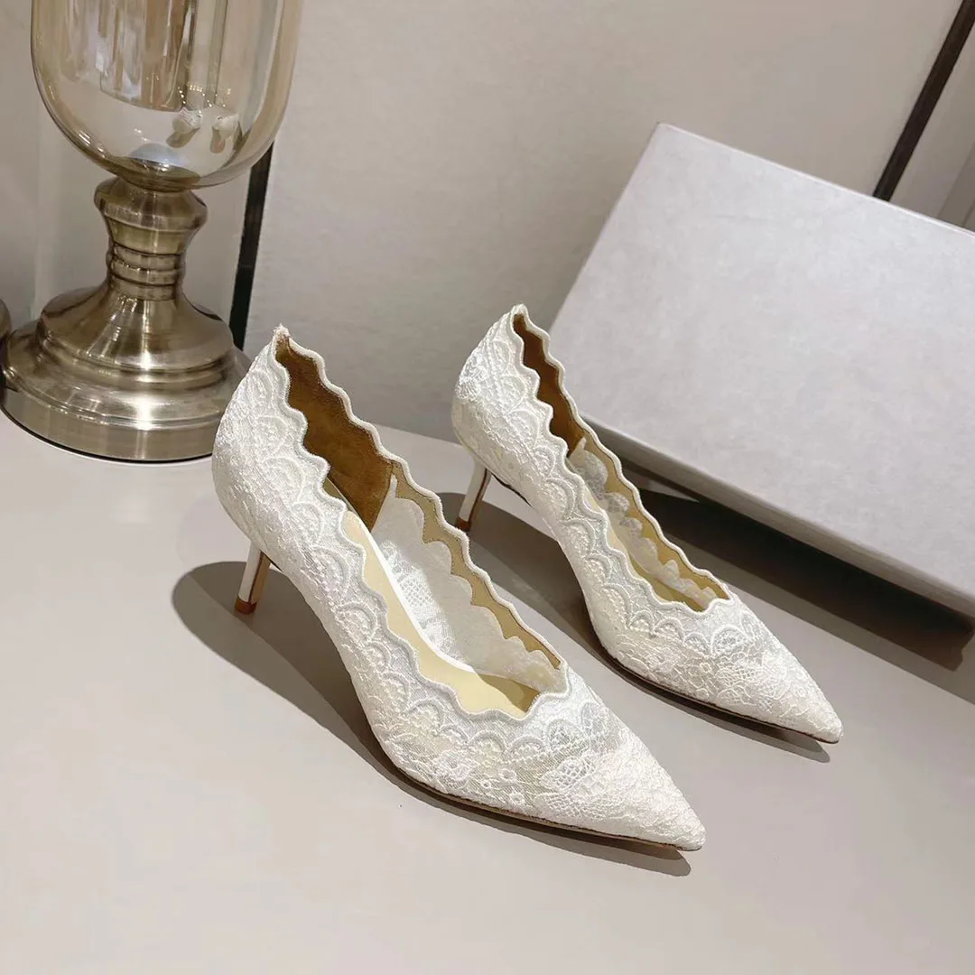 White Lace Hollow Embroidery Pointed Thin Heel High Heel