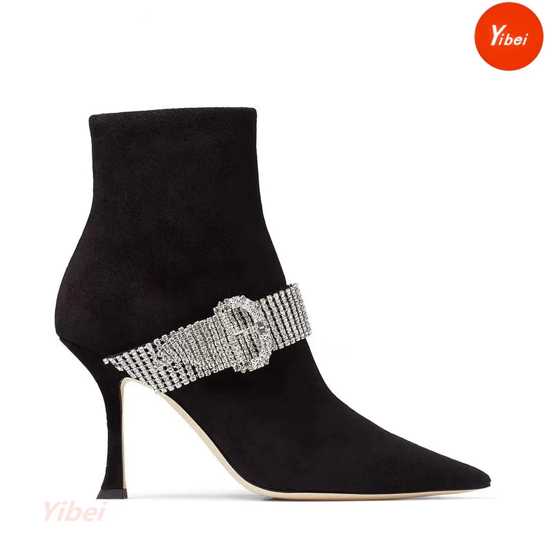 Autumn and Winter New Pointed Fine Heel Rhinestone Chain Fashion Short Boots Style Side Zipper High Heel Single Boots Women