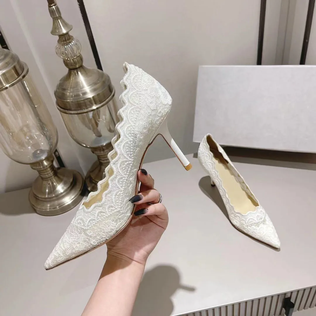 White Lace Hollow Embroidery Pointed Thin Heel High Heel