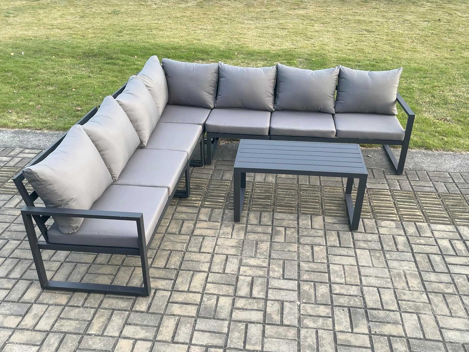 FMSGarden Aluminium Patio Outdoor Garden Furniture Lounge Corner Sofa Set Dark Grey (7 Seater)