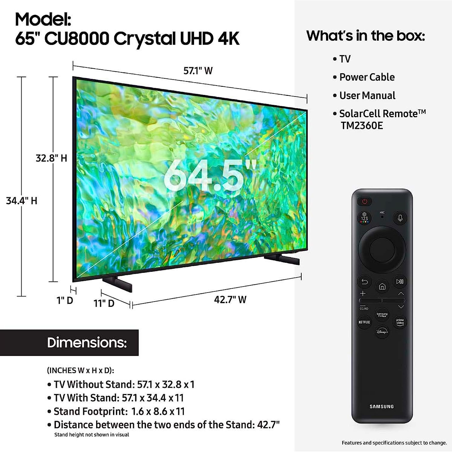SAMSUNG 65-75-Inch Class Crystal UHD 4K CU8000 Series PurColor