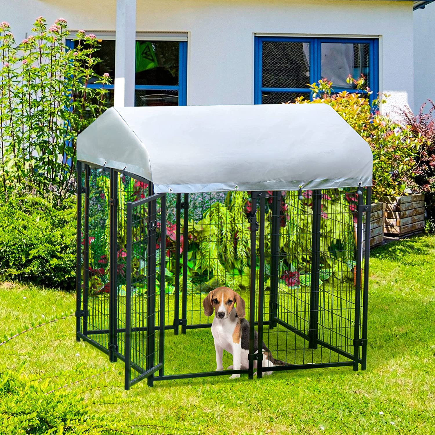 6'x4'x6' Large Dog Kennel Outdoor Steel Fence with UV-Resistant Cloth Roof & Secure Lock