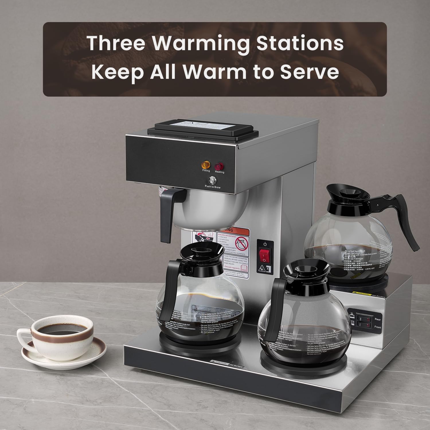 SYBO 12 cup commercial coffee maker, drip coffee maker, with 3 lower heaters and 3 glass decanters, stainless steel cafeteria