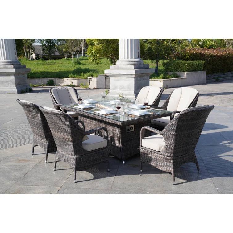 2020 Morden Living 7 pieces Hot Sell Outdoor Brown Wcker Fire Pit Dining Set