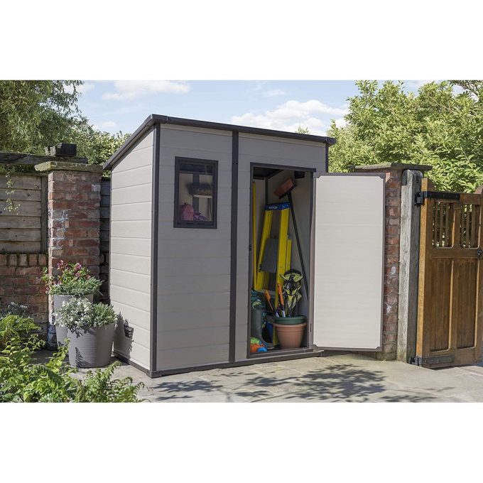 Keter Manor Outdoor Pent Single Door Garden Storage Shed 6 x 4ft Beige Brown Wood Effect Fade Free All Weather Resistant Safe