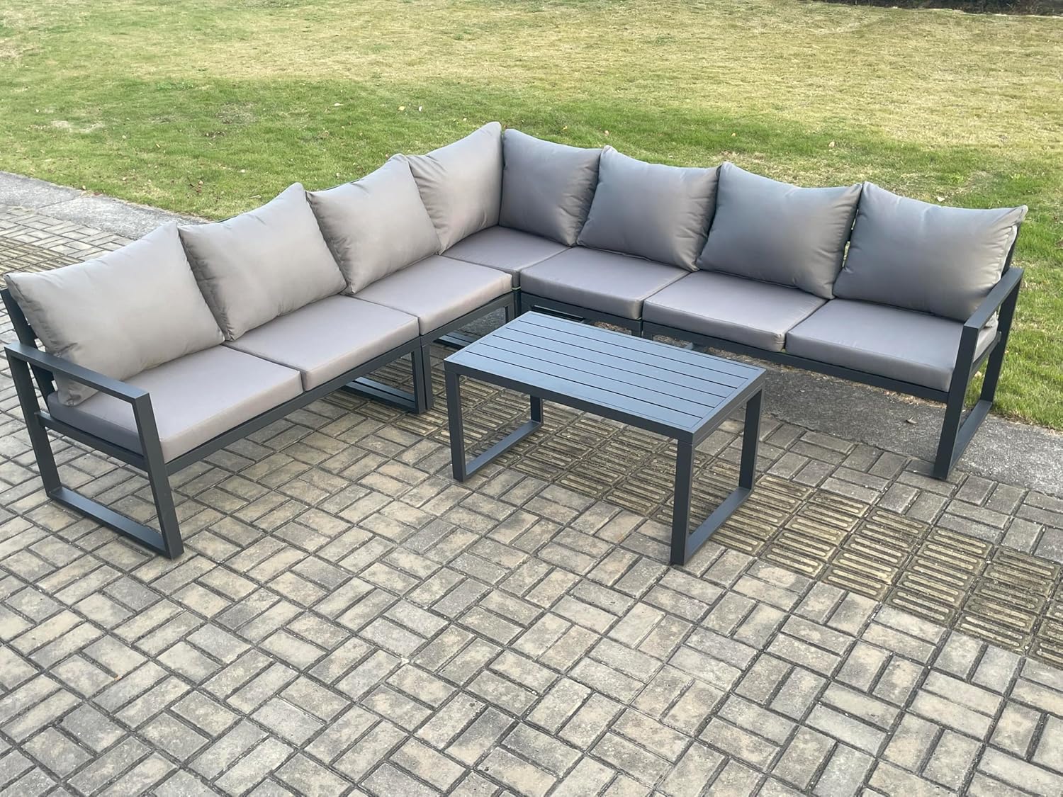 FMSGarden Aluminium Patio Outdoor Garden Furniture Lounge Corner Sofa Set Dark Grey (7 Seater)
