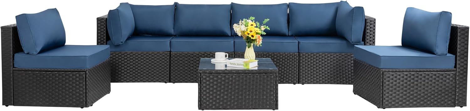 Shintenchi 7 Pieces Outdoor Patio Sectional Sofa Couch, Black Wicker Furniture Conversation Sets