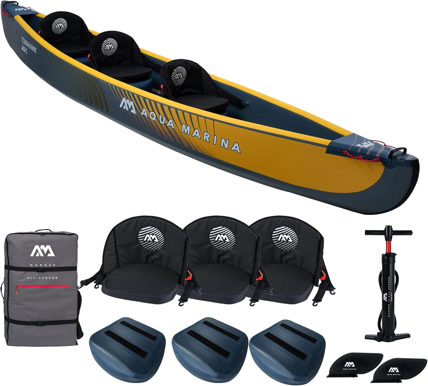 Aqua Marina Tomahawk, AIR-C High Pressure Drop-Stitch Premium Inflatable Kayak/Canoe, for 2-3 Person, 478 cm Length, Marine/Yellow