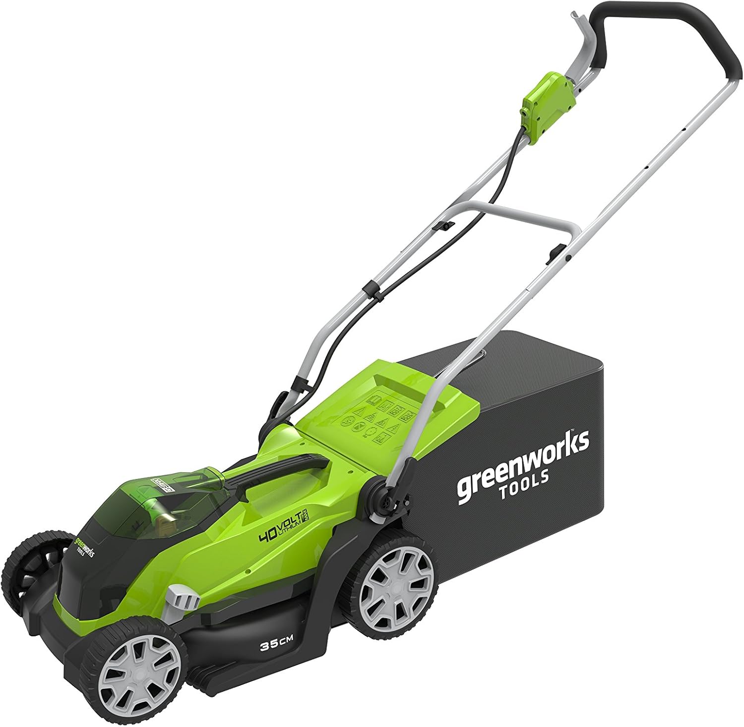 Greenworks 40V Cordless Lawnmower for Lawns up to 400m², 35cm Cutting Width, 40L Bag PLUS Two 40V 2Ah Batteries & One Charger