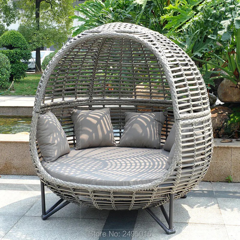 【Home&Garden】Metal frame with Wicker Patio Sunbed,outdoor Daybed for poolside,garden