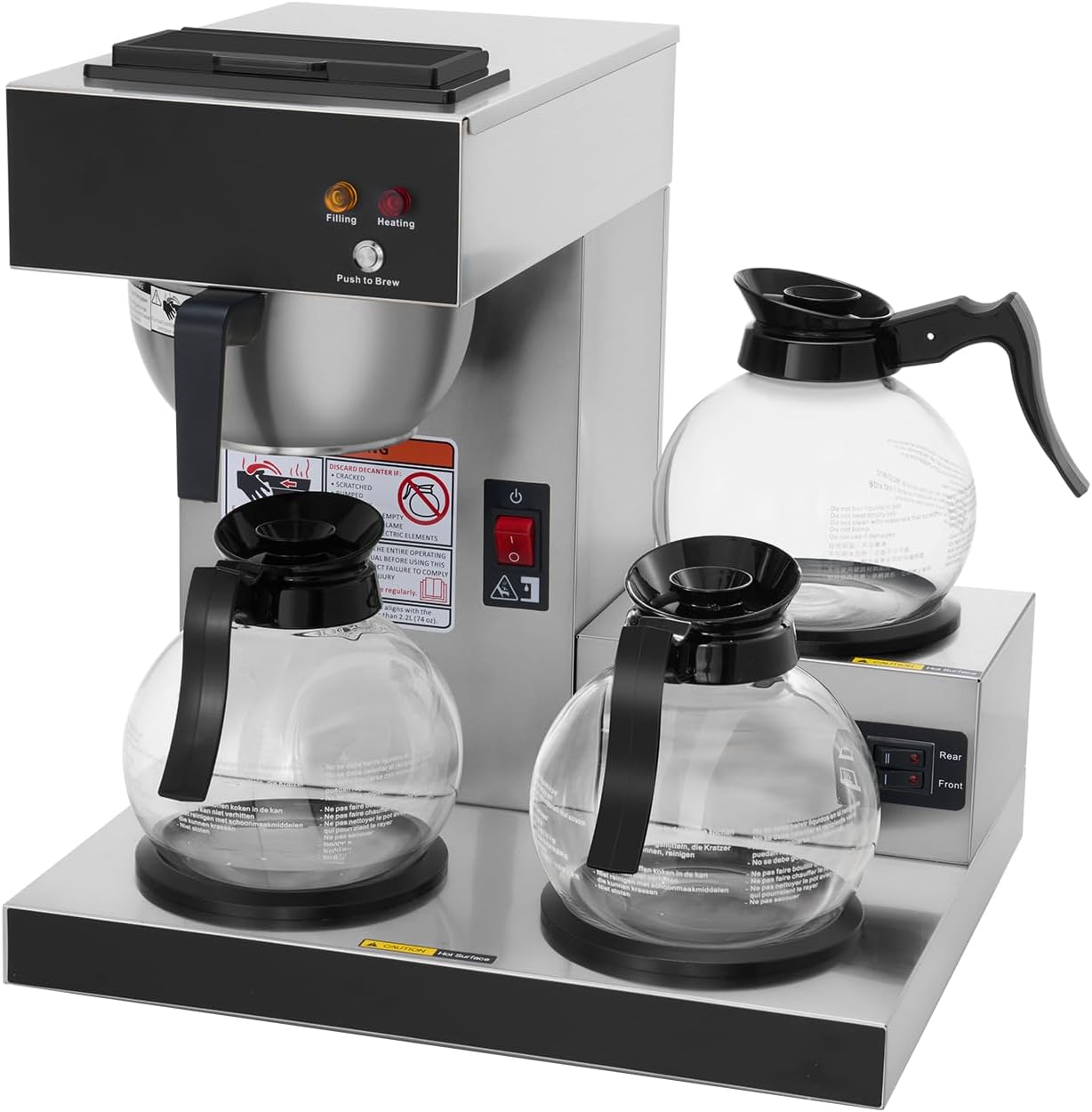 SYBO 12 cup commercial coffee maker, drip coffee maker, with 3 lower heaters and 3 glass decanters, stainless steel cafeteria