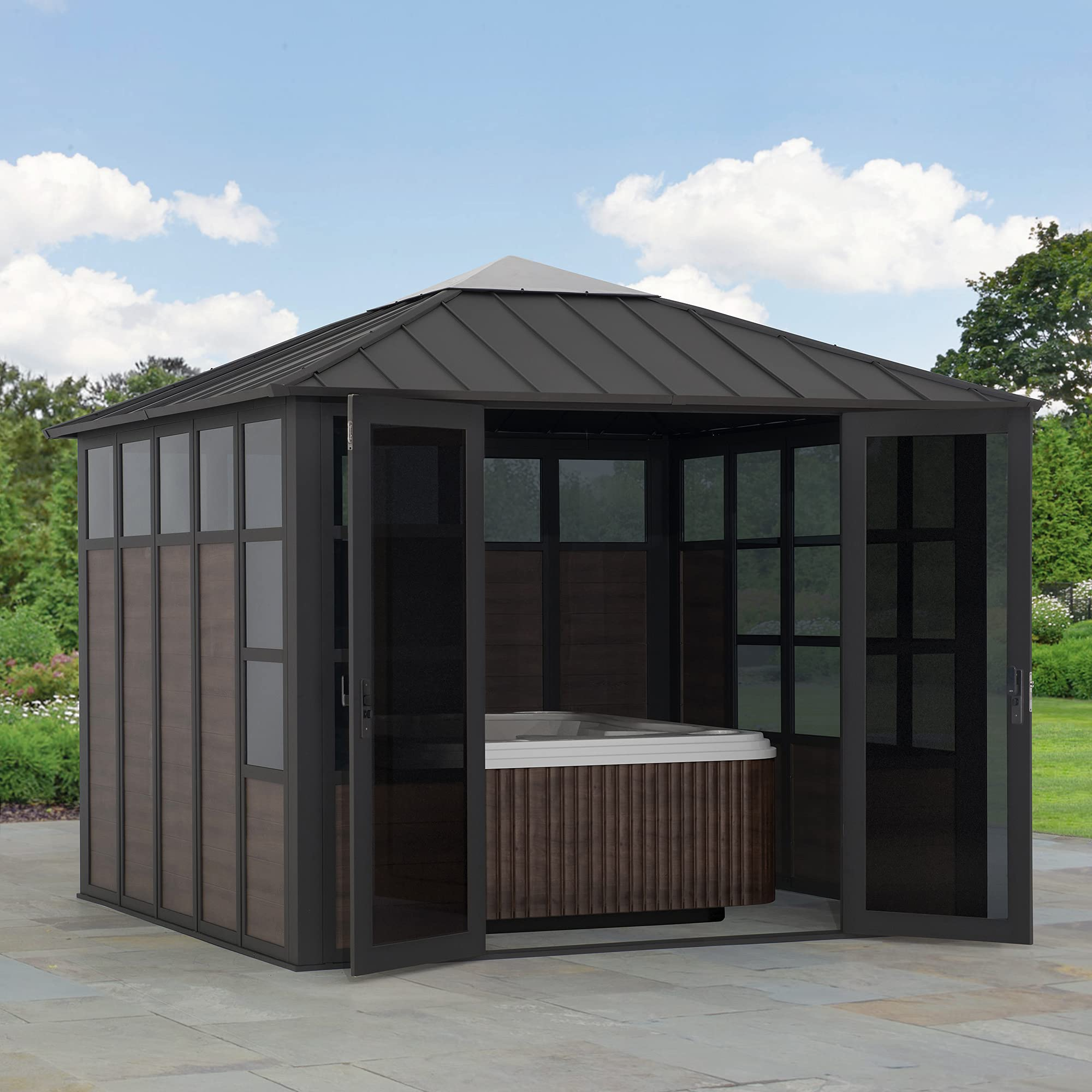11x11 Multipurpose Studio/Hot Tub Shelter with Steel & Polycarbonate Hardtop & Mute Lock Doors
