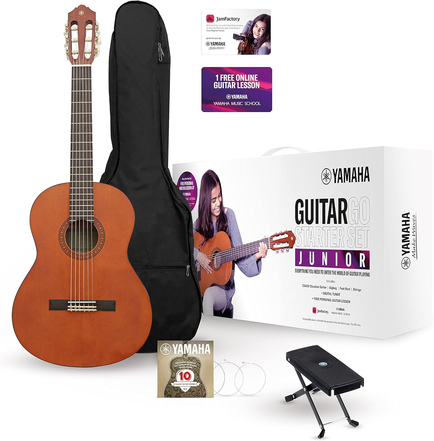 Yamaha GuitarGo - Starter Set Junior - Acoustic guitar pack for young learners including a gig bag, digital tuner for iOS and a footrest