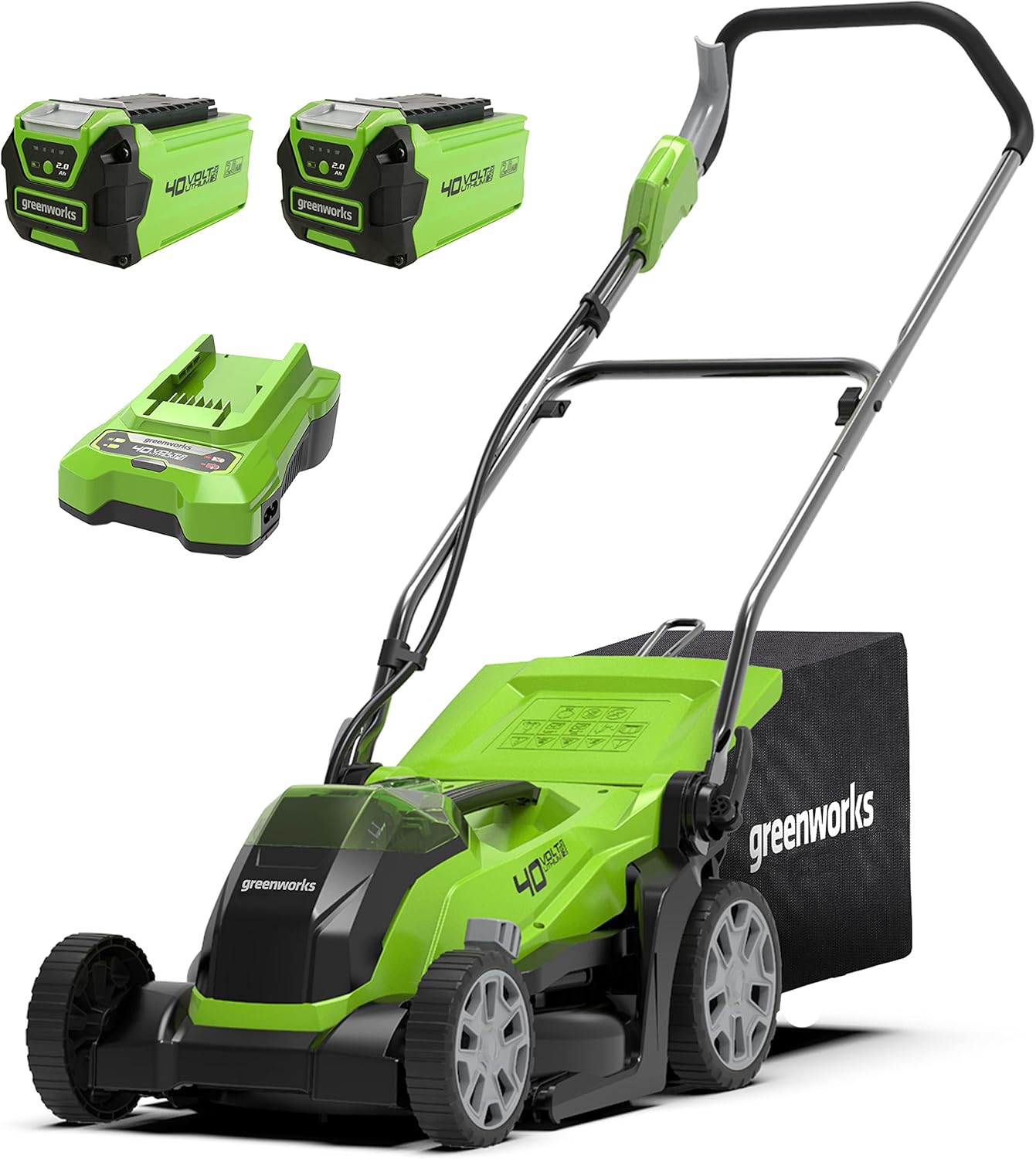 Greenworks 40V Cordless Lawnmower for Lawns up to 400m², 35cm Cutting Width, 40L Bag PLUS Two 40V 2Ah Batteries & One Charger