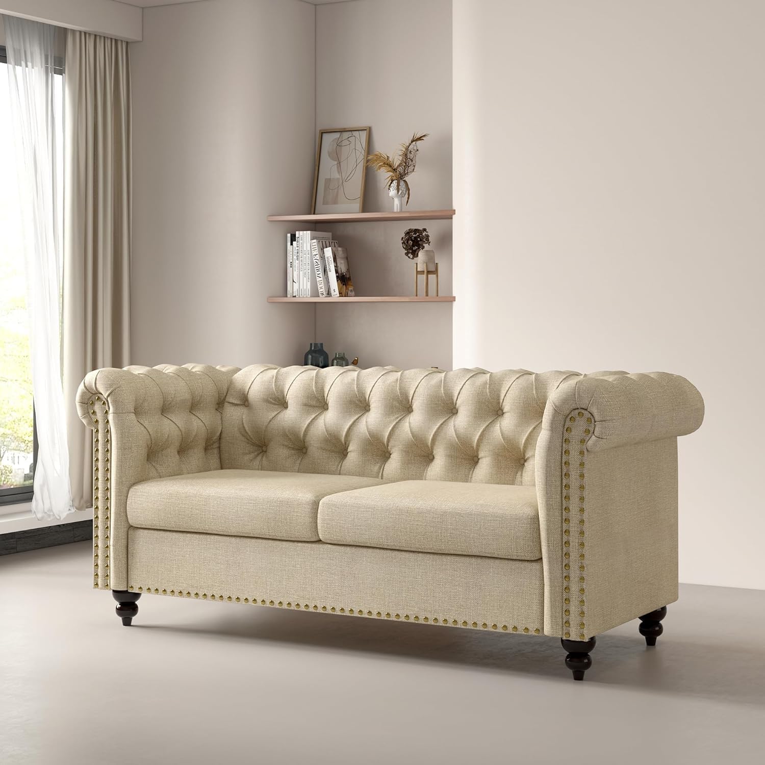 mcc direct Large 2 seater Chesterfield Style Button back Sofa, Couch Linen Fabric Settee for Living Room, Office, Bedroom - Victoria(Beige)